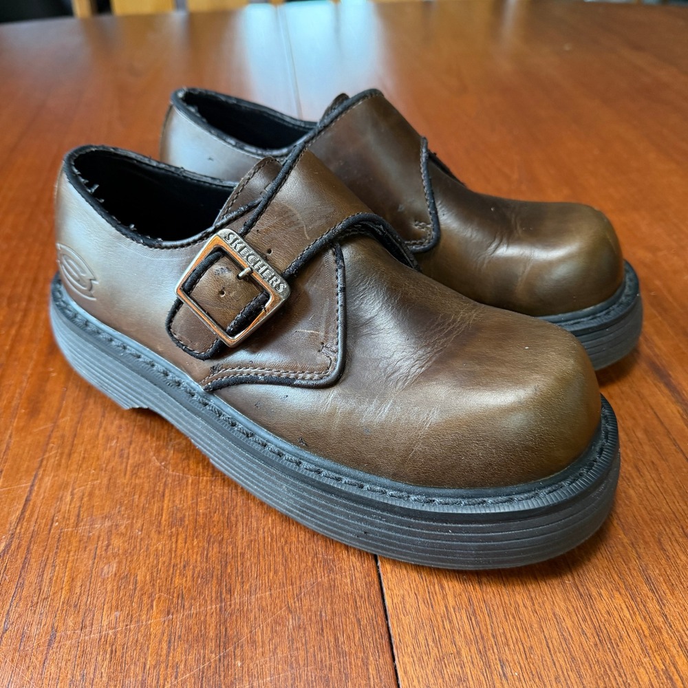 Skechers Vintage 90s Chunky Monk Strap Platform Loafers Brown Leather Sz 7 Y2K